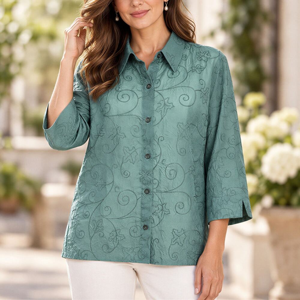 Alfred Dunner Embroidered Green Crinkle Blouse Women XL Fairy Cottagecore Boho